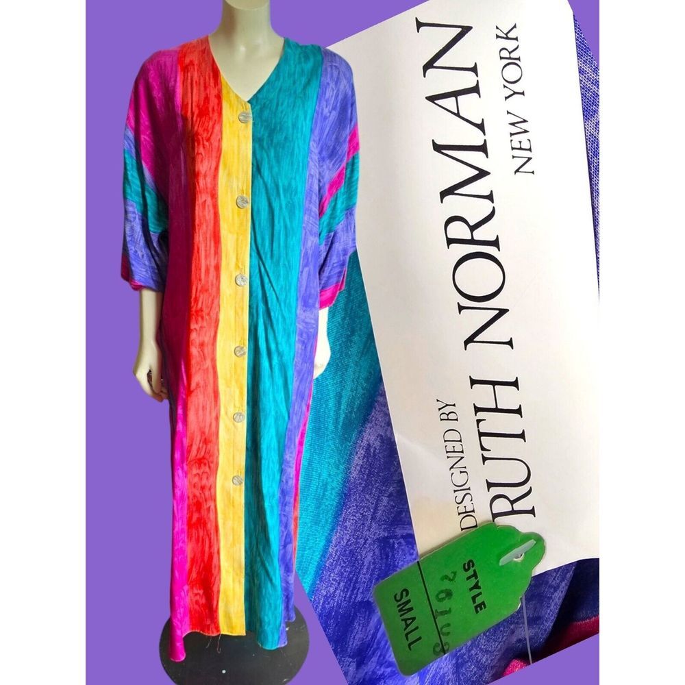 Vintage New Ruth Norman Button Caftan Robe Colorful Rainbow Size Small‎ New With